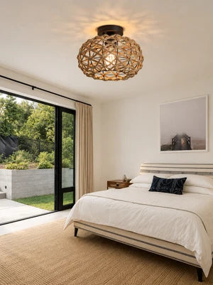 Plafonnier Rotin Tressé Main Bohème — Luminaire Naturel Style Méditerranéen | JONC™