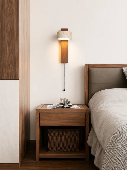Applique Murale Pierre et Bois Style Japonais — Luminaire Minimaliste Interrupteur Tirette | STELE™