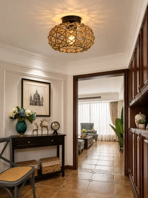 Plafonnier Rotin Tressé Main Bohème — Luminaire Naturel Style Méditerranéen | JONC™