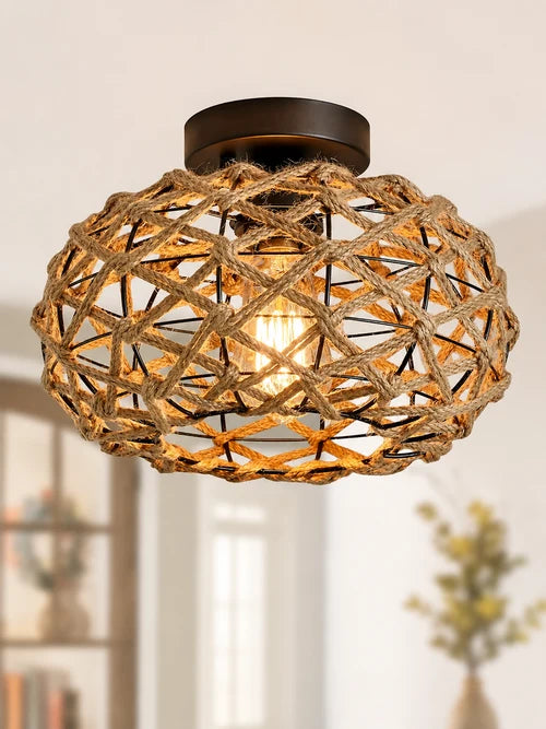 Plafonnier Rotin Tressé Main Bohème — Luminaire Naturel Style Méditerranéen | JONC™