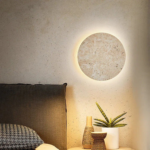 Applique Murale Disque en Travertin Naturel — Halo LED Rétroéclairé Wabi-Sabi | HALO™