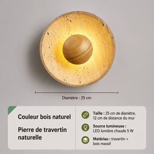 Applique Murale en Travertin et Bois Massif — Disque Lumineux Wabi-Sabi | TIVOLI™