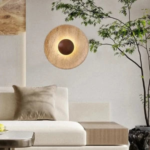 Applique Murale en Travertin et Bois Massif — Disque Lumineux Wabi-Sabi | TIVOLI™