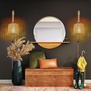 Applique Murale Rotin Tressé et Bras Courbé en Bois — Style Bohème | KORA™