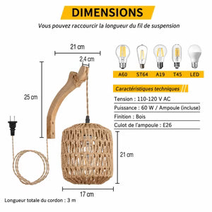 Applique Murale Rotin Tressé et Bras Courbé en Bois — Style Bohème | KORA™