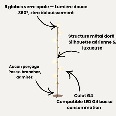 Lampadaire Design Nordique 9 Globes en Verre Opale et Métal Doré pour Salon | Magic Beans™