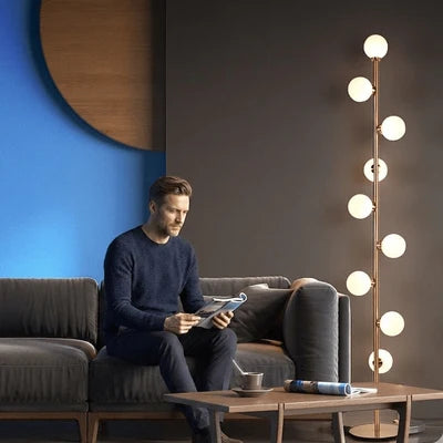 Lampadaire Design Nordique 9 Globes en Verre Opale et Métal Doré pour Salon | Magic Beans™
