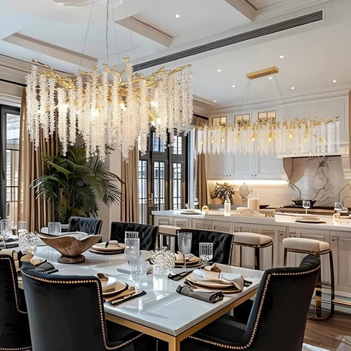 Lustre Cascade en Cristal et Design Doré — Suspension Luxe pour Salon | CASCADE™