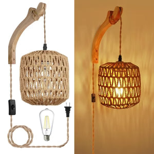 Applique Murale Rotin Tressé et Bras Courbé en Bois — Style Bohème | KORA™