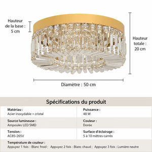 Plafonnier Luxe en Cristal et Acier — LED Intégrée Réglable, Ø50 cm | GLACIER™