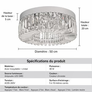 Plafonnier Luxe en Cristal et Acier — LED Intégrée Réglable, Ø50 cm | GLACIER™