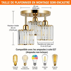 Plafonnier Moderne 3 Lumières en Cristal et Métal Doré | AURORE™