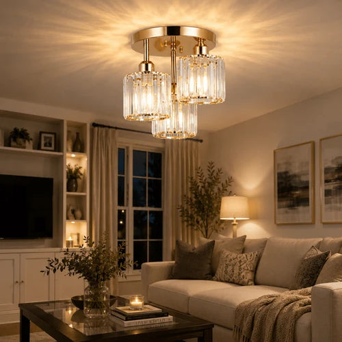 Plafonnier Moderne 3 Lumières en Cristal et Métal Doré | AURORE™