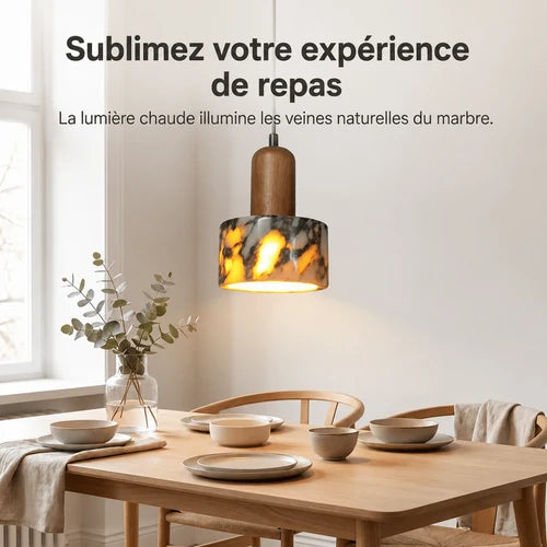 Suspension Bois et Marbre — Abat-jour Marbre Noir, Montage Bois Massif | ISHI™