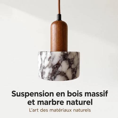 Suspension Bois et Marbre — Abat-jour Marbre Noir, Montage Bois Massif | ISHI™