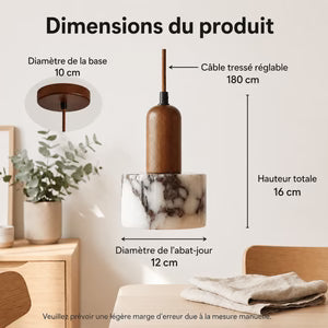 Suspension Bois et Marbre — Abat-jour Marbre Noir, Montage Bois Massif | ISHI™