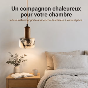 Suspension Bois et Marbre — Abat-jour Marbre Noir, Montage Bois Massif | ISHI™